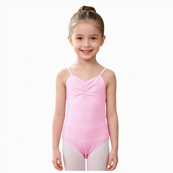 Girls Camisole Dance Leotard with Ruched V-Neck,Sleeveless Ballet Bodysuit