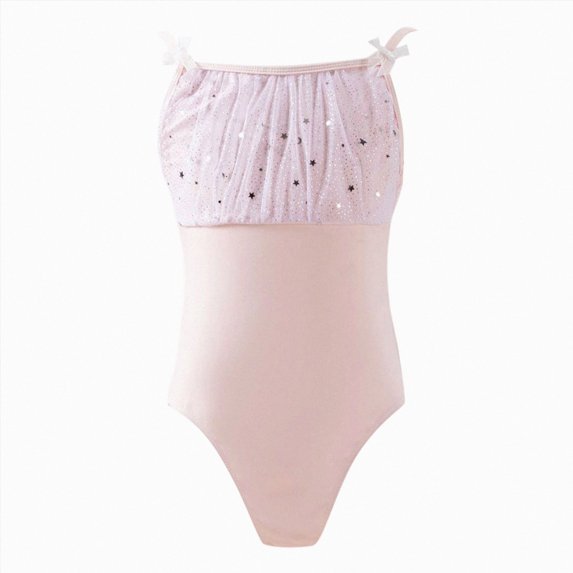 Girls Camisole Leotard with Sparkle Star Print and Bow Straps,Ballet Dance Bodysuit