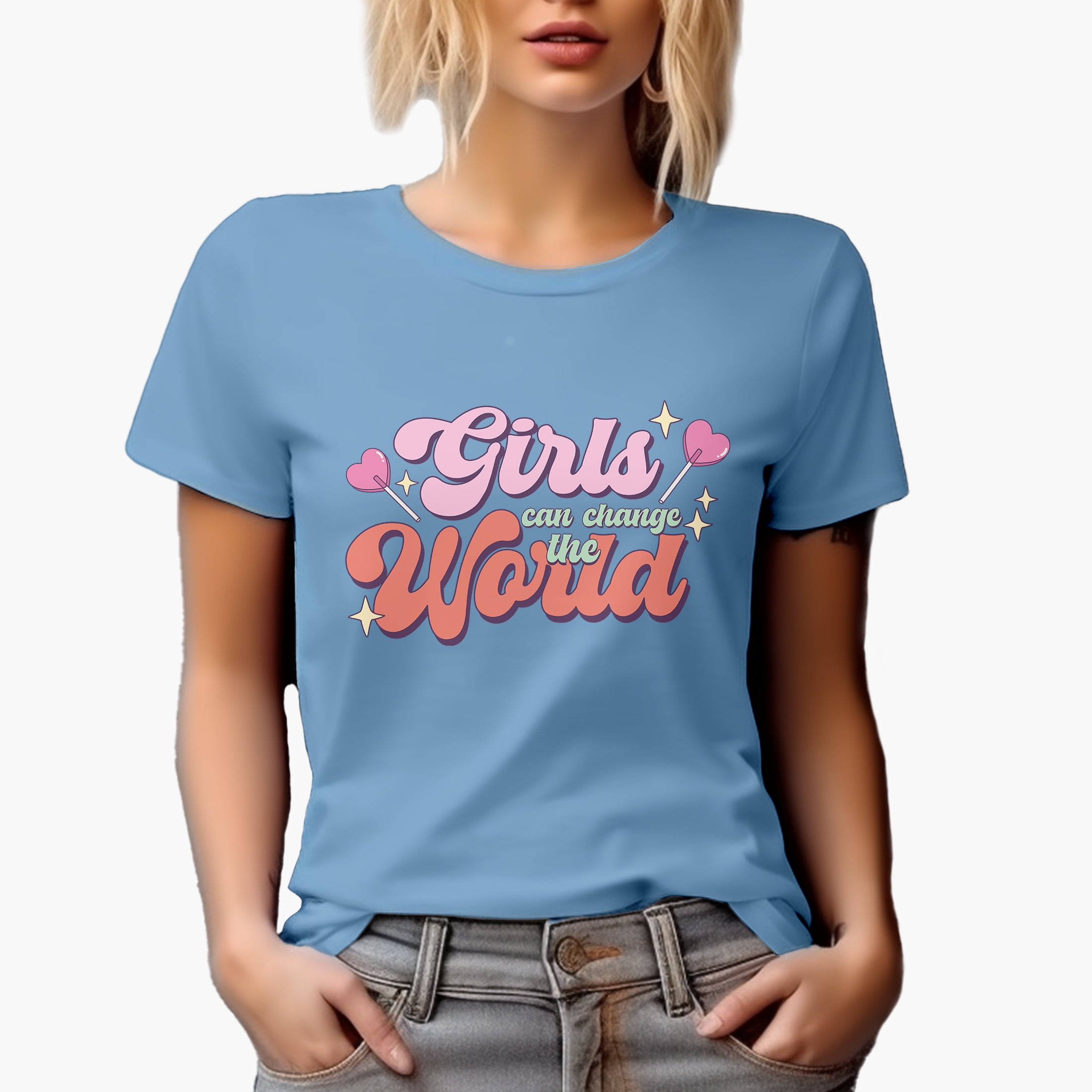 Girls Can Change the World, Retro Feminist Art Merch Gift, Baby Blue T ...