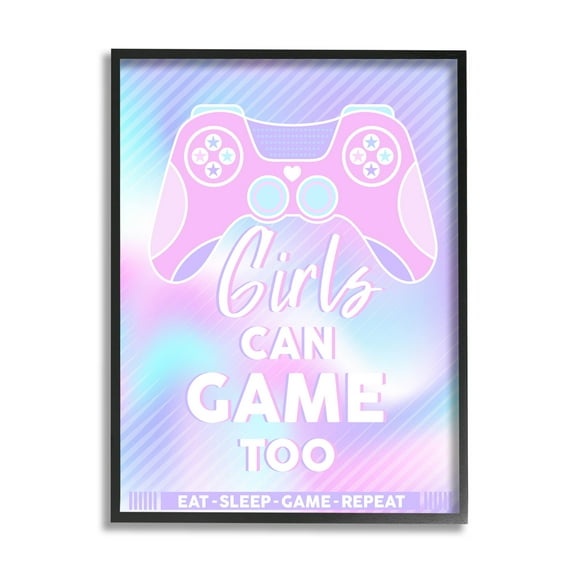 Girls Can Game Too Pastel Phrase Art for Kids Graphic Art Black Framed Art Print Wall Art