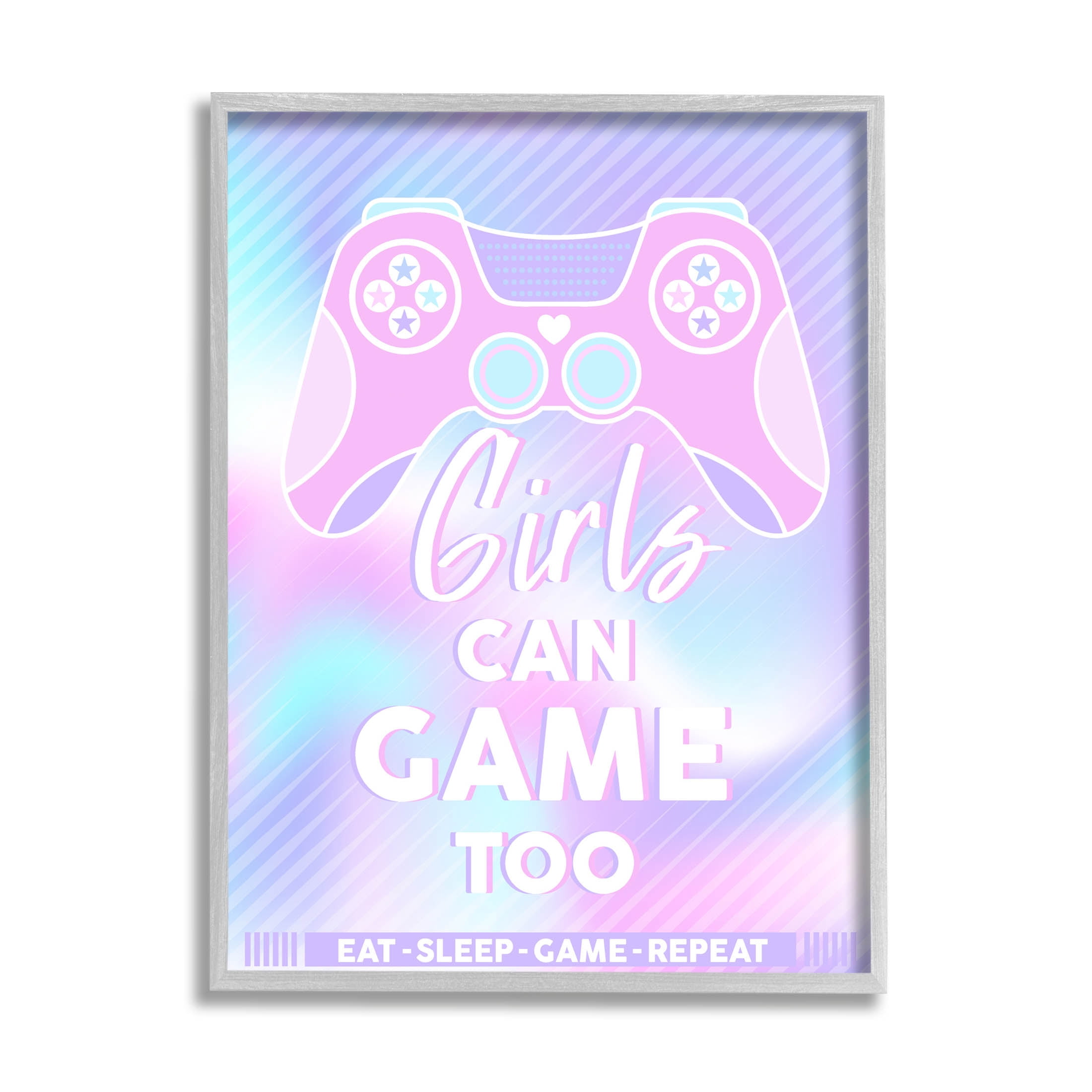 Girls Can Game Too Pastel Phrase Art for Kids Graphic Art Gray Framed Art Print Wall Art