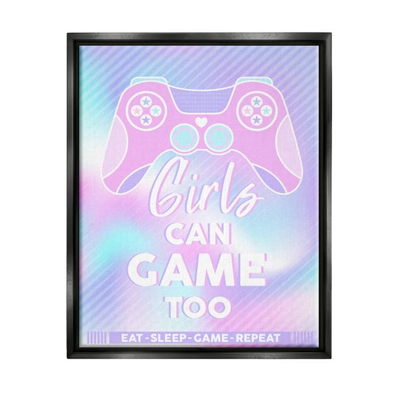 Girls Can Game Too Pastel Phrase Art for Kids Graphic Art Jet Black Framed Art Print Wall Art