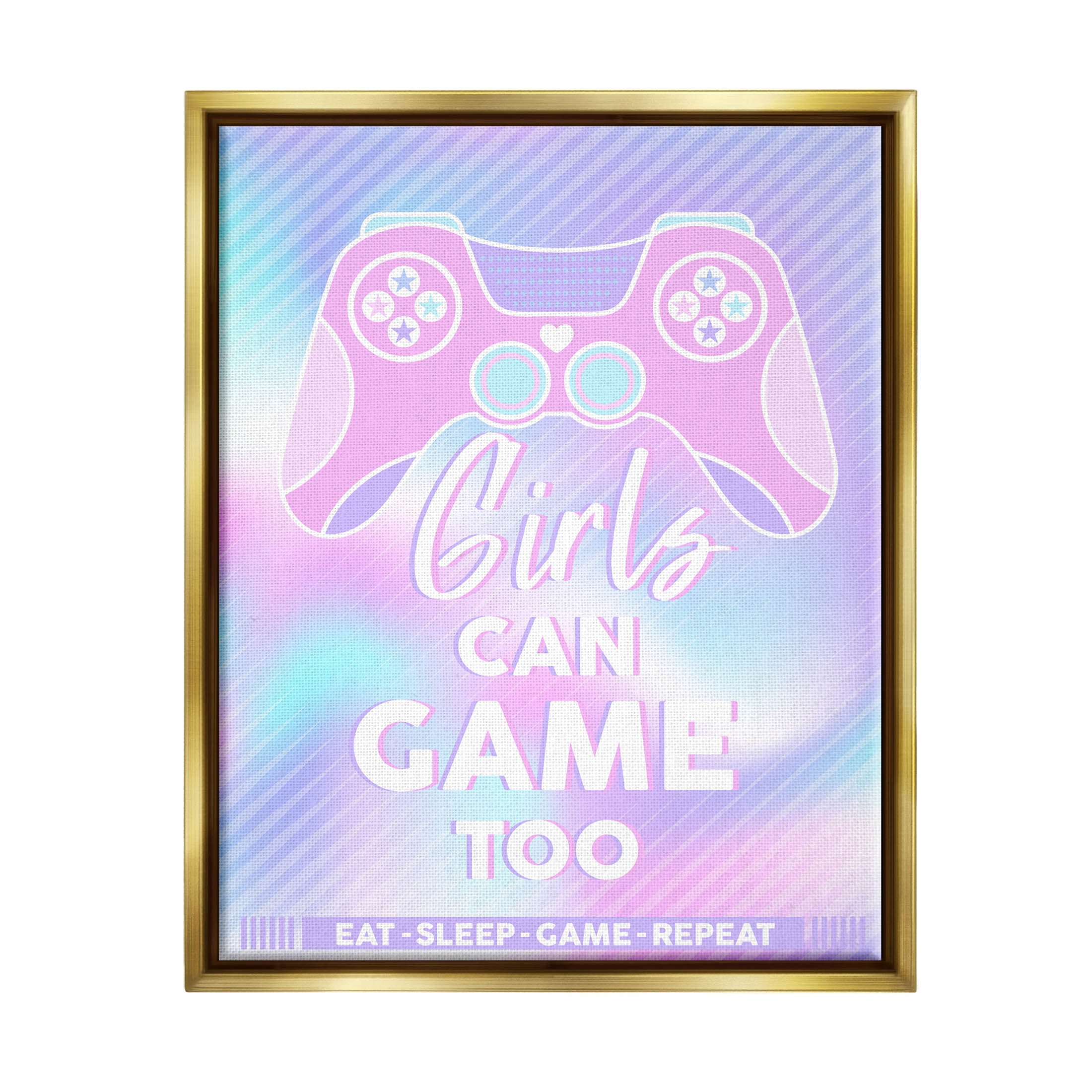 Girls Can Game Too Pastel Phrase Art for Kids Graphic Art Metallic Gold Framed Art Print Wall Art