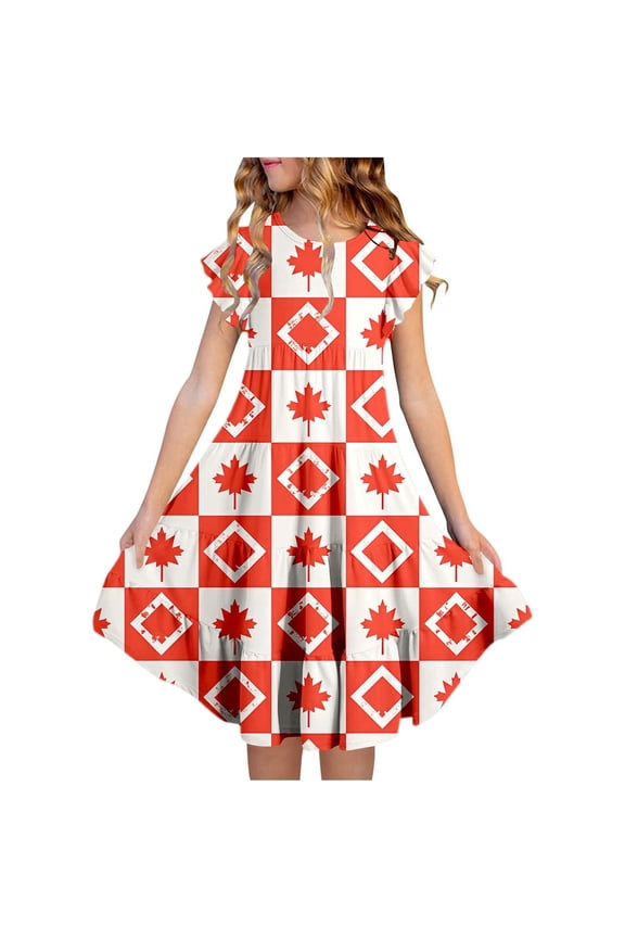 Girls' Canada Day Floral A-Line Dress with Maple Leaf Print Flutter Sleeves and Pockets for Holiday Celebration Girls Maxi Dress Casual Holiday Party Dress
