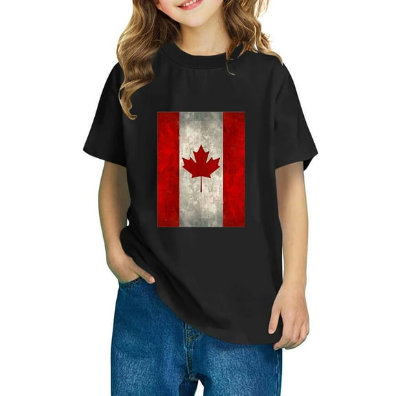 Girls Canada Day Maple Leaf Tshirts Summer Canadian Flag Graphic Tees Crew Neck Patriotic Shirts Festival Clothes Black, 9 Years