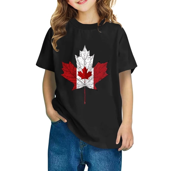Girls Canada Day Maple Leaf Tshirts Summer Short Sleeve Patriotic Shirts Kids Crew Neck Cotton T-Shirts Black， 4 Years