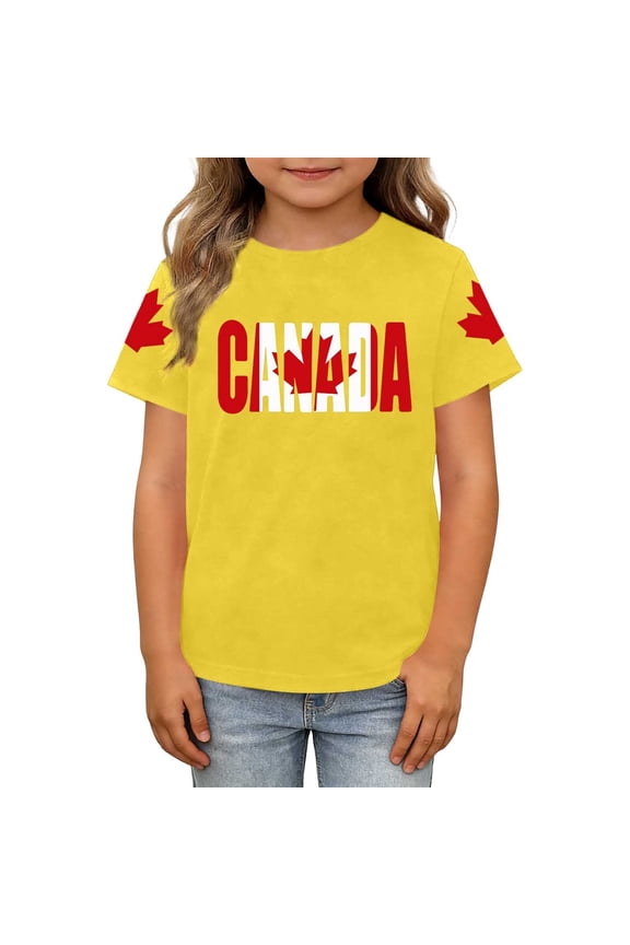 Girls' Canada Day Print T Shirt Crew Neck Short Sleeve Casual Summer Top Yellow 3 Y-4 Y