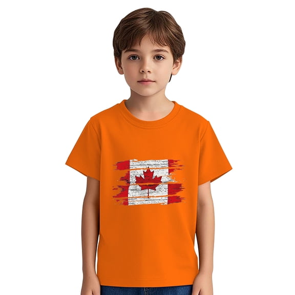 Girls Canadian Flag Graphic Tees Canada Day Patriotic Shirts Maple Leaf Summer Crew Neck T-Shirts Kids Cotton Tops Orange， 4 Years