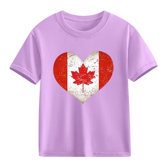 Girls Canadian Flag Heart T-Shirt Kids Canada Day Distressed Vintage Purple Cotton Short Sleeve Crew Neck,Size 9 T