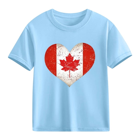 Girls Canadian Flag Heart T-Shirt Kids Canada Day Distressed Vintage Tee Blue Cotton Short Sleeve Crew Neck,Size 7 T