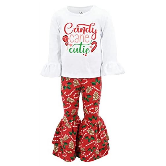 Girls Candy Cane Cutie Flare Pants Christmas Outfit Clothes (8Y, Red)