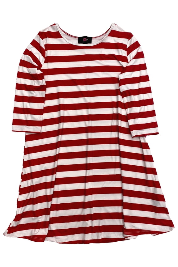 Girls Candycane Red & White Striped Christmas Holiday Tee Shirt Dress X-Large