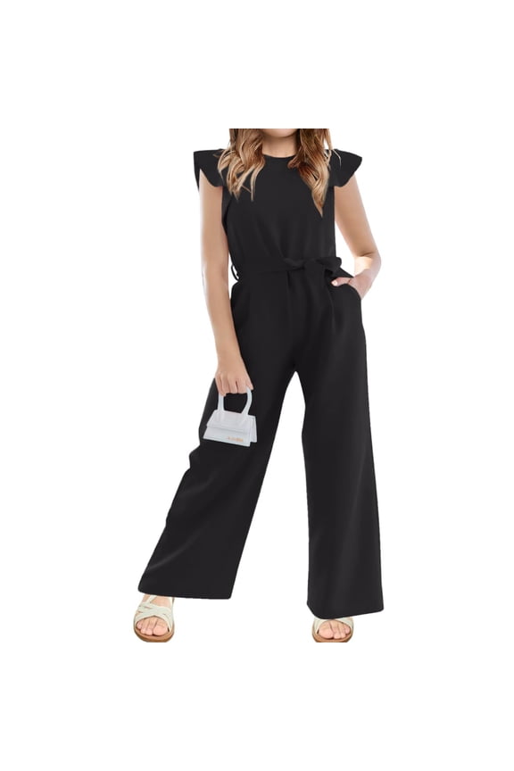 Girls Cap Sleeve Solid Color Jumpsuit Summer Children Kids Wide Leg Loose Jumpsuit