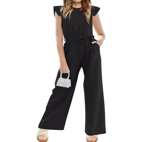 Girls Cap Sleeve Solid Color Jumpsuit Summer Children Kids Wide Leg Loose Jumpsuit