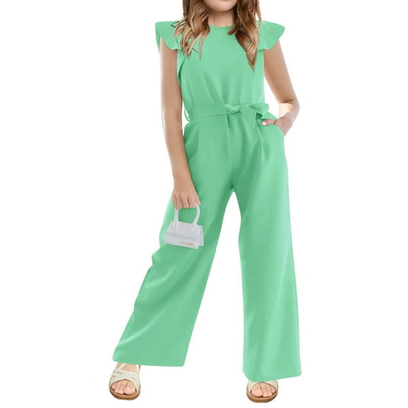 Girls Cap Sleeve Solid Color Jumpsuit Summer Children Kids Wide Leg Loose Jumpsuit
