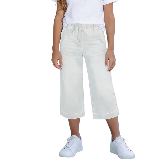 Girls Capri Jeans Drawstring Elastic Waist Straight Leg Denim Pants Summer Trendy Casual Pant With Pockets (8-9 Years, White)