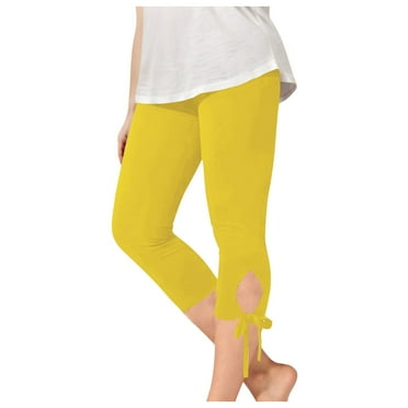 Girls Capri Leggings Bowknot Side Tie Capris Elastic High Waist Athletic Dance Leggings Summer Casual 3/4 Crop Pants (12 Years, Yellow)