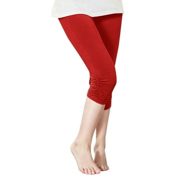 Girls' Capri Leggings Summer Casual Ruched Solid Color 3/4 Cropped Basic Pull-on Tight Pants for School or Sports (12 Years, Red)
