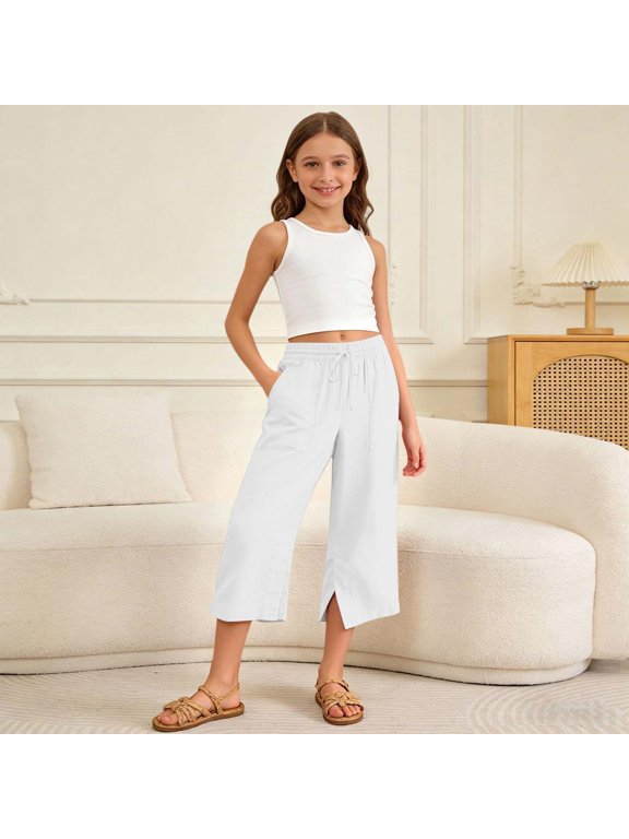 Girls Capri Pants Split Hem 5-15Y Linen Elastic Drawstring Waist Cropped Wide Leg Summer Trousers