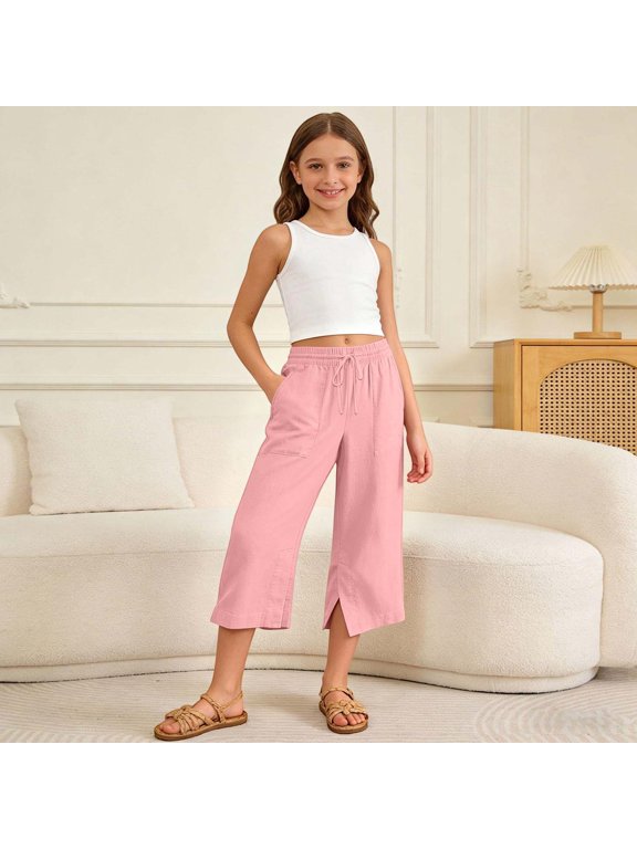 Girls Capri Pants Split Hem 5-15Y Linen Elastic Drawstring Waist Cropped Wide Leg Summer Trousers