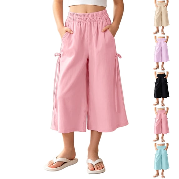 Girls Capri Pants with Pockets Elastic Waist Wide Leg Capri Pink Pants Girls Baggy Capris Size 5-15 Years