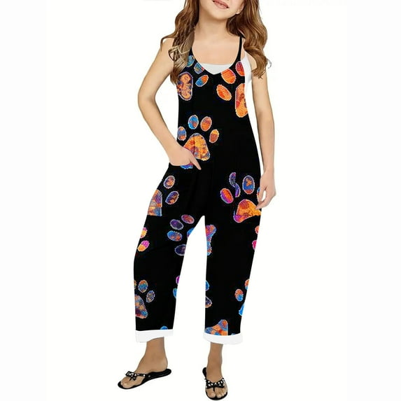 Girls' Capris Leggings Full Length Pants Overalls Girls Casual Jumpsuits Sleeveless Rompers Long Pants with Pockets for 5-14 Years Multicolor 120