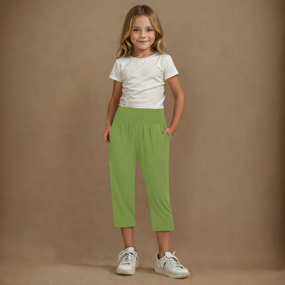 Girls Capris Sweatpants Casual Elastic High Waisted Summer Comfy Pants Trousers with Pockets for Kids 4-14 Years