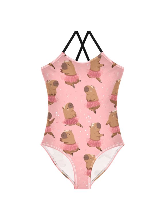 Girls Capybara Dancing Print One Piece Swimsuit, Cross Back Spaghetti Strap Bathing Suit for Kids Summer Beach Pool Swimwear 9-10T