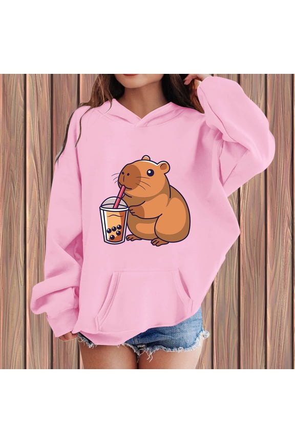 Girls Capybara Print Hooded Sweatshirt,Long Sleeve Pullover With Front Pocket Casual Winter Fall Outfits Cute Animal Graphic Cozy Top Seasonal Wear