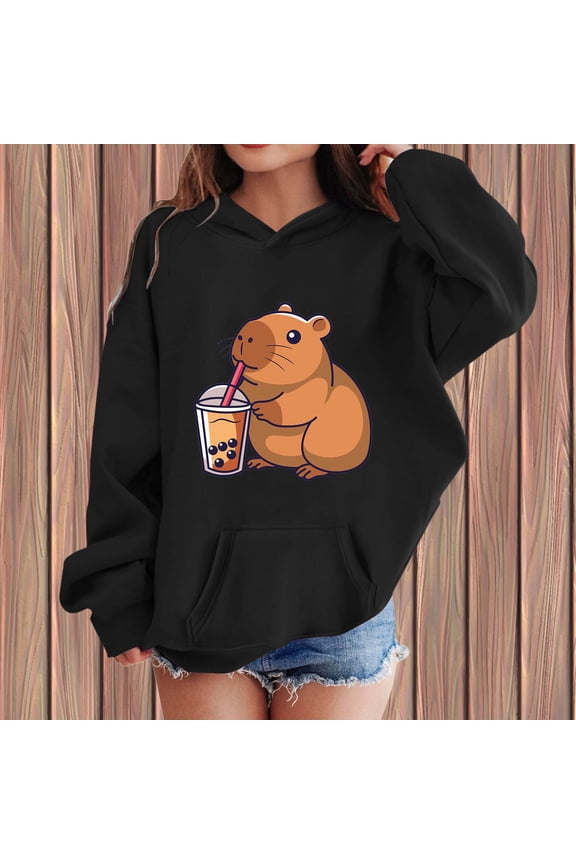 Girls Capybara Print Hooded Sweatshirt,Long Sleeve Pullover With Front Pocket Casual Winter Fall Outfits Cute Animal Graphic Cozy Top Seasonal Wear