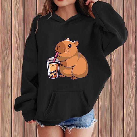Girls Capybara Print Hoodie Long Sleeve Pocket Sweatshirt Kids Winter 2025 New Cozy