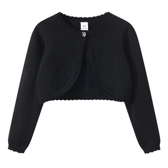 Girls Cardigan Bolero Knit Long Sleeve Ruffle Open Front Button Cover Up Tops (Black 9-10 Years)