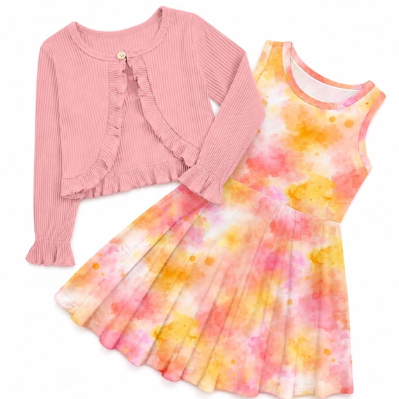 Aideaone Little Girls Sleeveless Dress with Ruffle Cardigan 2 Piece Set Butterfly Print 5 to 12