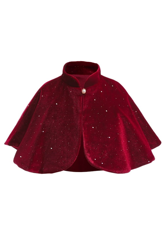 Girls Cardigan Formal Dress Cover up Coat Sequin Velvet Ruffle Open Front Crop Shrug Cape Jacket Stand Collar Tops Wine 8 Years
