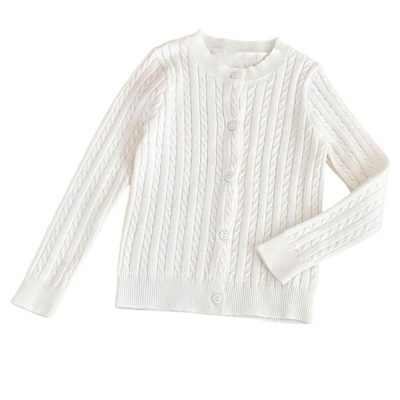 Girls Cardigan Kids School Uniform Sweater Girls Knit Sweaters Button Down Long Sleeve Crewneck Toddler Cardigans White