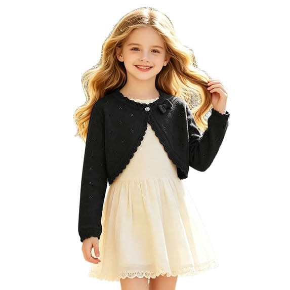 Girls Cardigan Knit Sweater Bolero Shrug Long Sleeve One Button Knitted Cropped Open Front Jacket Tops (Z002#-Black 2-3 Years)