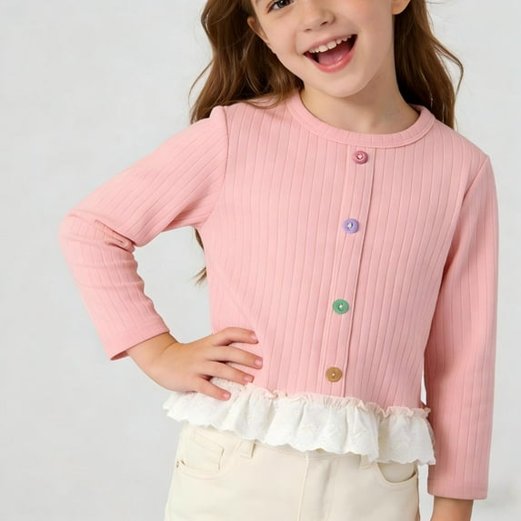 Girls Cardigan Long Sleeve Pink - Kids Kids Ribbed Knit Button Front with Lace Ruffle Hem, Soft Everyday Cardigan,Size 7-8 T
