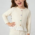 thumbnail image 1 of Girls Cardigan Long Sleeve with Lace Ruffle Hem and Buttons, Soft Ribbed Knit Kids Kids Beige Cardigan,Size 5-6 T, 1 of 9