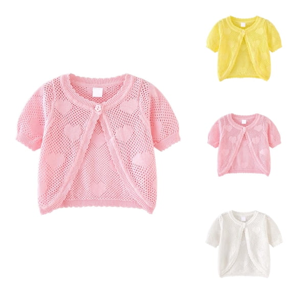 Girls Cardigan Short Sleeve Knit Button Bolero Shrug Crewneck Hollow Sweaters 0-9 Years