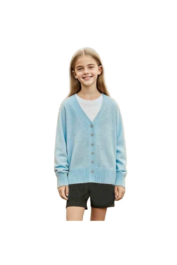 Girls Cardigan Sweater V Neck Button Down Long Sleeve Soft Knit Outerwear Coat Ribbed Details Spring Fall Clothes (7-8 Years, Sky Blue)