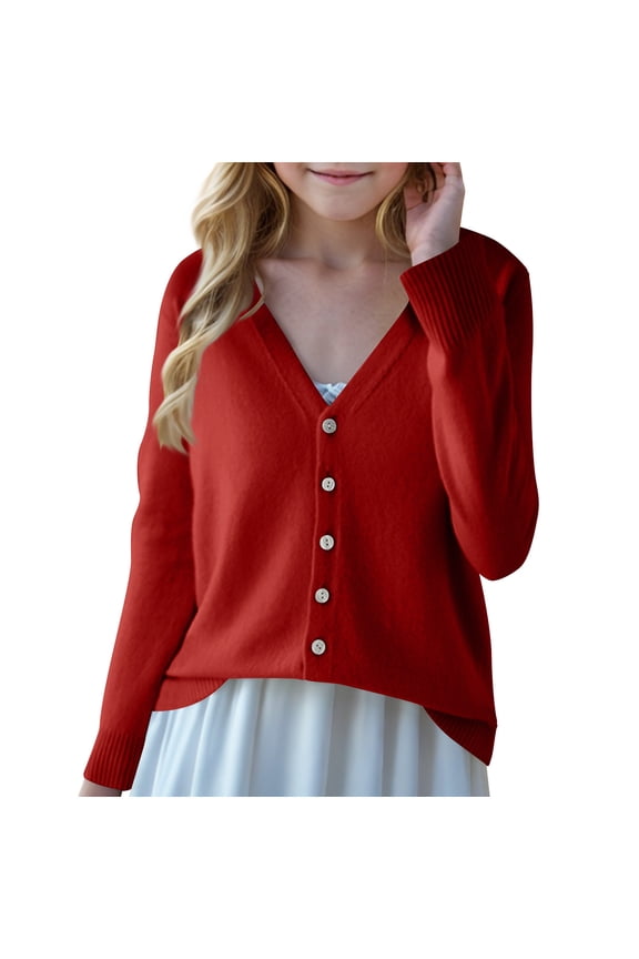 Girls Cardigan Sweaters School Uniforms V Neck Button-Down Solid Knit Sweater Long Sleeve Knited Coats for Tweens