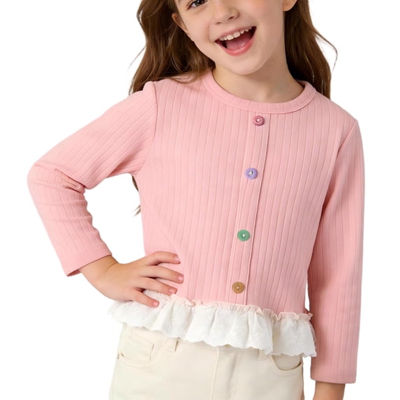 Girls Cardigan with Lace Ruffle Hem, Soft Knit Button Down Sweater for Kids, Kids to Big Girls, Pink Lightweight Spring Fall Party Wear,Size 9-10 T