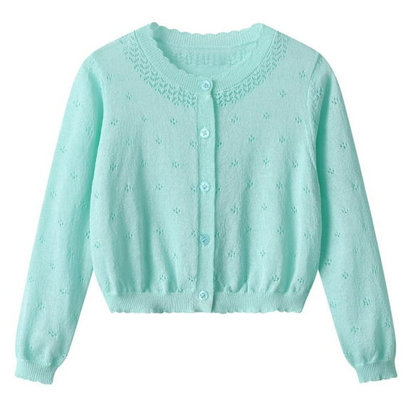 Girls Cardigans Soft Cotton Knit Button Up Crewneck Sweaters Scalloped Cute Spring Fall Winter Clothes (3 Years, Light Blue)