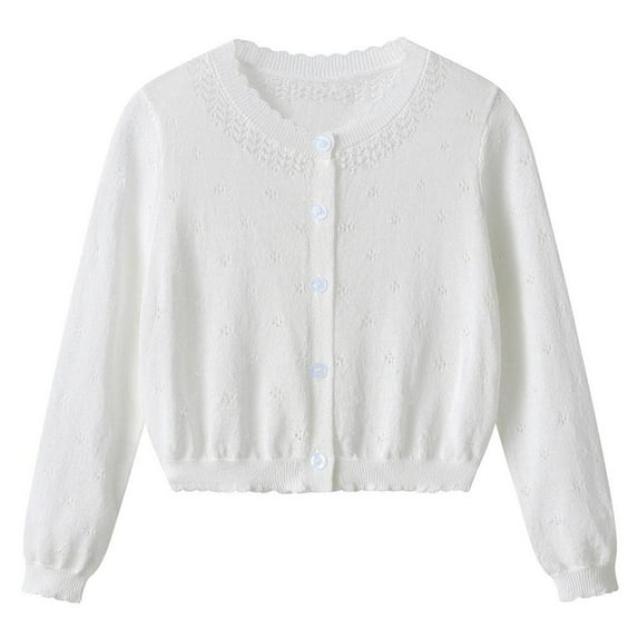 Girls Cardigans Soft Cotton Knit Button Up Crewneck Sweaters Scalloped Cute Spring Fall Winter Clothes (9 Years, White)