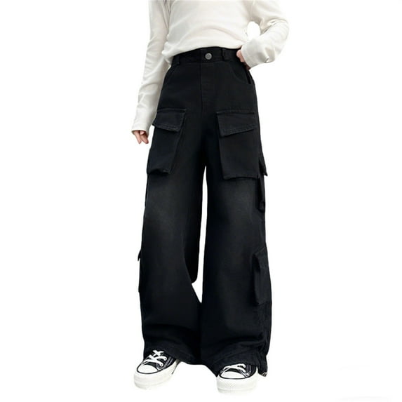 Girls Cargo Denim Jeans Fashion Pockets Baggy Wide Leg Vintage Distressed Pants Cargo Trousers Streetwear for School Outdoor 3-14Years