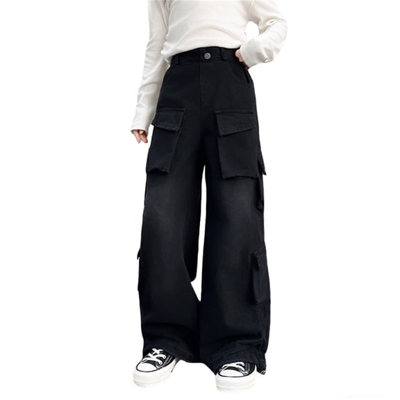 Girls Cargo Denim Jeans Fashion Pockets Baggy Wide Leg Vintage Distressed Pants Cargo Trousers Streetwear for School Outdoor 3-14Years