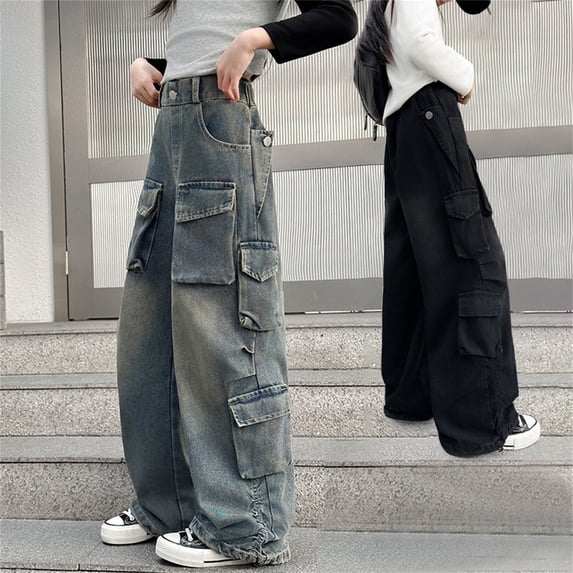 Girls Cargo Denim Pants Loose Wide Leg Retro Heavy Duty Jeans Solid Color High Waist Streetwear Trousers with Pockets For Toddler Big Kids