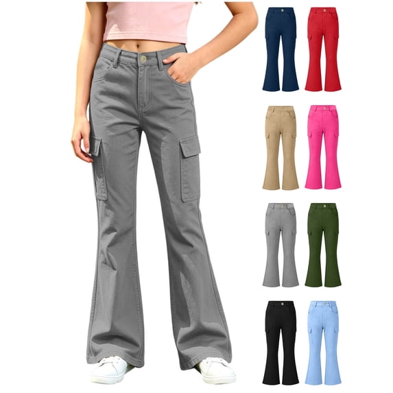Girls Cargo Flare Pants Bell Bottom Leggings with Pockets Elastic Waist Stretch Bootcut Trousers for Daily Wear (5-15 Years)