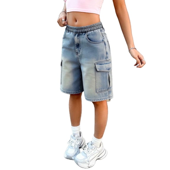Girls Cargo Jean Shorts Elastic Waist 5-Pocket Denim Shorts for Kids Kids Light Blue Summer Playwear,Size 14-15T