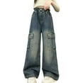 thumbnail image 1 of Girls Cargo Jeans Streetwear Casual High Waisted Wide Leg Pants Baggy Denim Trousers with Pockets for Teen Size 5-15, 1 of 8